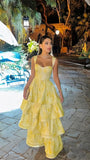 Yellow sweet elegant sleeveless ruffle floor length long tiered ball gown evening dress birthday party dress HZ1023
