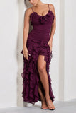 Purple Elegant Sexy Spaghetti Strap Ankle Length Chiffon Ruffle prom Evening Dress Party Dress HZ1023