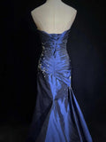 Navy Blue Vintage Fashion Exquisite Beading Long Satin Floor Length Ball Gown Evening Dress HZ1023