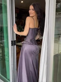 Purple vintage fashion spaghetti strap long satin prom dress, evening dress, party dress HZ1023