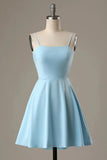 Blue fashion simple bow sleeveless short spaghetti strap A-line short satin mini homecoming dress evening gown HZ1023