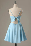Blue fashion simple bow sleeveless short spaghetti strap A-line short satin mini homecoming dress evening gown HZ1023