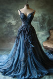 Blue charming retro fashion exquisite applique elegant spaghetti straps long tulle floor-length trailing ball gown evening dress HZ1023