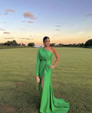 Green simple fashion one shoulder long satin ball gown evening dress party dress HZ1023