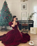 Burgundy Velvet V Neck Short Puff Sleeve Beaded A-Line Long Floor Length Ball Gown Evening Dress Christmas Party Dress HZ1023