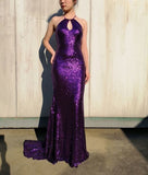 Purple Shiny Fashion Strapless Long Elegant Sequin Floor Length Ball Gown Evening Dress Party Dress HZ1023