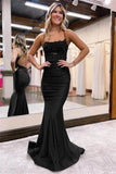 Dark green shiny glamorous mermaid slim round neck long satin prom dress evening gown party dress with beading HZ1023