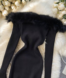 Black/white/gray autumn and winter fashion new sexy off-shoulder fashion fur collar slim hip knitted dress HZ1023