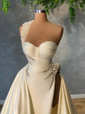 One Shoulder Pearls Satin Bridal Gown evening dress HZ1023