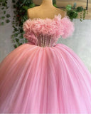 Pink Gorgeous One Shoulder Rhinestone Corset Ruffle Fluffy Tulle Long Ball Gown Evening Dress Wedding Dress HZ1023