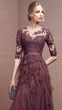 Gray purple elegant long sleeve lace long tulle ball gown evening dress HZ1023