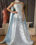 Blue gorgeous exquisite floral beaded long satin ball gown evening gown graduation dress HZ1023
