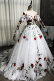 White gorgeous delicate rose applique long A-line tulle ball gown evening gown wedding dress HZ1023