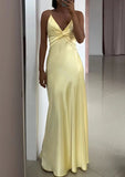Yellow Fashion V-neck Spaghetti Straps Elegant Long Satin Back lace-up Ball Gown Evening Dress Party Dress HZ1023