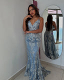 Blue gorgeous shiny spaghetti strap bodycon long tulle ball gown mermaid evening dress HZ1023
