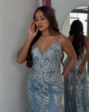 Blue gorgeous shiny spaghetti strap bodycon long tulle ball gown mermaid evening dress HZ1023