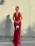 Red simple elegant V-neck long sexy satin ball gown evening dress wedding guest dress HZ1023
