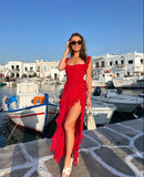 Red square neck spaghetti straps long chiffon ruffles elegant sexy slit ball gown evening dress wedding guest party dress HZ1023