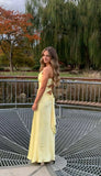 Yellow Fashion V-neck Spaghetti Straps Elegant Long Satin Back lace-up Ball Gown Evening Dress Party Dress HZ1023