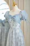 Blue Romantic Elegant Delicate Floral Long Tulle Ball Gown Evening Dress Party Dress Bridesmaid Dress Prom Dress HZ1023