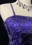 Purple Gorgeous Vintage God Shining Elegant Exquisite Rhinestone Beaded Satin Long Floor Length Slim Fairy Ball Gown Evening Dress Party Dress Prom Dress HZ1023