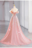 Pink gorgeous shiny dreamy elegant fashion exquisite beaded long floor-length trailing tulle ball gown evening dress HZ1023