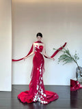Red Elegant Delicate Floral Fashion Elegant Long Satin Tulle Mermaid Slim Fit Floor Length Trailing Ball Gown Evening Gown Prom Gown HZ1023