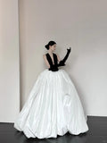 Black and white fashionable and elegant V-neck long satin A-line floor-length ball gown evening dress prom dress HZ1023