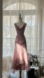 Pink Purple Romantic Fashion Elegant Exquisite Beaded Spaghetti Strap Long Tulle Chiffon Ruffle Ball Gown Evening Gown Party Dress HZ1023