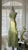 Green Romantic Fashion Elegant Exquisite Beaded Spaghetti Straps Tassel Long Tulle Chiffon Ruffle Ball Gown Evening Gown Party Dress HZ1023
