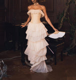 White Vintage Fashion A-line Off-shoulder Long Chiffon tulle Tiered Ruffle Ball Gown Evening Dress Party Dress Prom Dress HZ1023