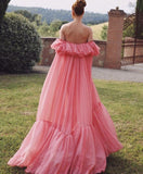 Pink Fashion Long Ruffle Neck Chiffon Formal Prom Dress Evening Dress Wedding Guest Dress HZ1023