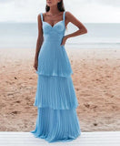 Blue simple fashion elegant V-neck layered chiffon charming long backless ball gown evening dress party dress HZ1023