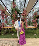 Purple New Fashion V-neck Spaghetti Strap Long Ruffle Chiffon Ball Gown Evening Dress Wedding Guest Dress HZ1023