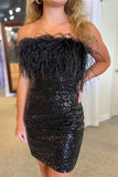 Red Gorgeous Shiny Off Shoulder Feather Bodycon Mini Short Homecoming Dress Party Dress HZ1023