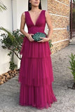 Purple Fashion Elegant V-neck Long Tulle Ball Gown Evening Dress Wedding Guest Party Dress HZ1023