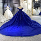 Blue Off Shoulder Lace Applique A-Line Long Ball Gown Evening Gown Bridal Gown Wedding Dress HZ1023