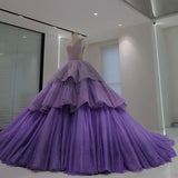 Purple Gorgeous Shiny Elegant A-line Long Tiered Ruffled Tulle Ball Gown Formal Dress Evening Dress Celebrity Dress HZ1023
