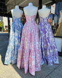 Pink Sweet Heart Neck Beautiful Floral Long Satin Ball Gown Evening Dress Party Dress HZ1023