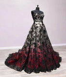 Black gorgeous exquisite red lace long tulle floor length trailing ball gown evening dress HZ1023