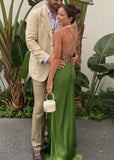 Green Simple Elegant Backless Lace Up Long Satin Prom Dress Evening Dress Party Dress Wedding Guest Dress HZ1023