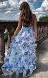 Blue Charming Floral A-Line Spaghetti Strap Long Ball Gown Party Dress Evening Gown HZ1023