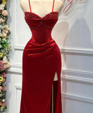 Red gorgeous exquisite fashion shiny spaghetti straps slit mermaid slim long satin ball gown evening dress party dress HZ1023