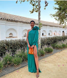 Peacock Blue One Shoulder Fashion Long Chiffon Slit Ball Gown Evening Dress Wedding Guest Party Dress HZ1023