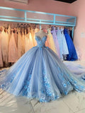Blue gorgeous exquisite applique beaded long tulle ball gown evening dress HZ1023