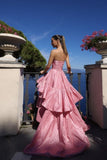 Pink Tube Top Fashion Elegant Layered Long Satin Ball Gown Evening Dress Party Dress HZ1023