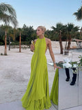Yellow green fashion pleated backless long elegant chiffon ball gown evening dress party dress HZ1023