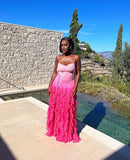 Pink/Orange/Green Gradient Spaghetti Straps Fashion Elegant Long Ruffle Chiffon Ball Gown Evening Dress Party Dress HZ1023