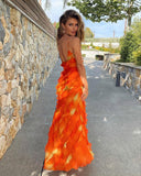 Orange Fashion Elegant Spaghetti Strap Long Ruffle Chiffon Ball Gown Evening Dress Party Dress Wedding Guest Dress HZ1023