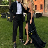 Black Fashion Elegant Long Satin Slit Sexy Ball Gown Evening Dress Wedding Guest Party Dress HZ1023